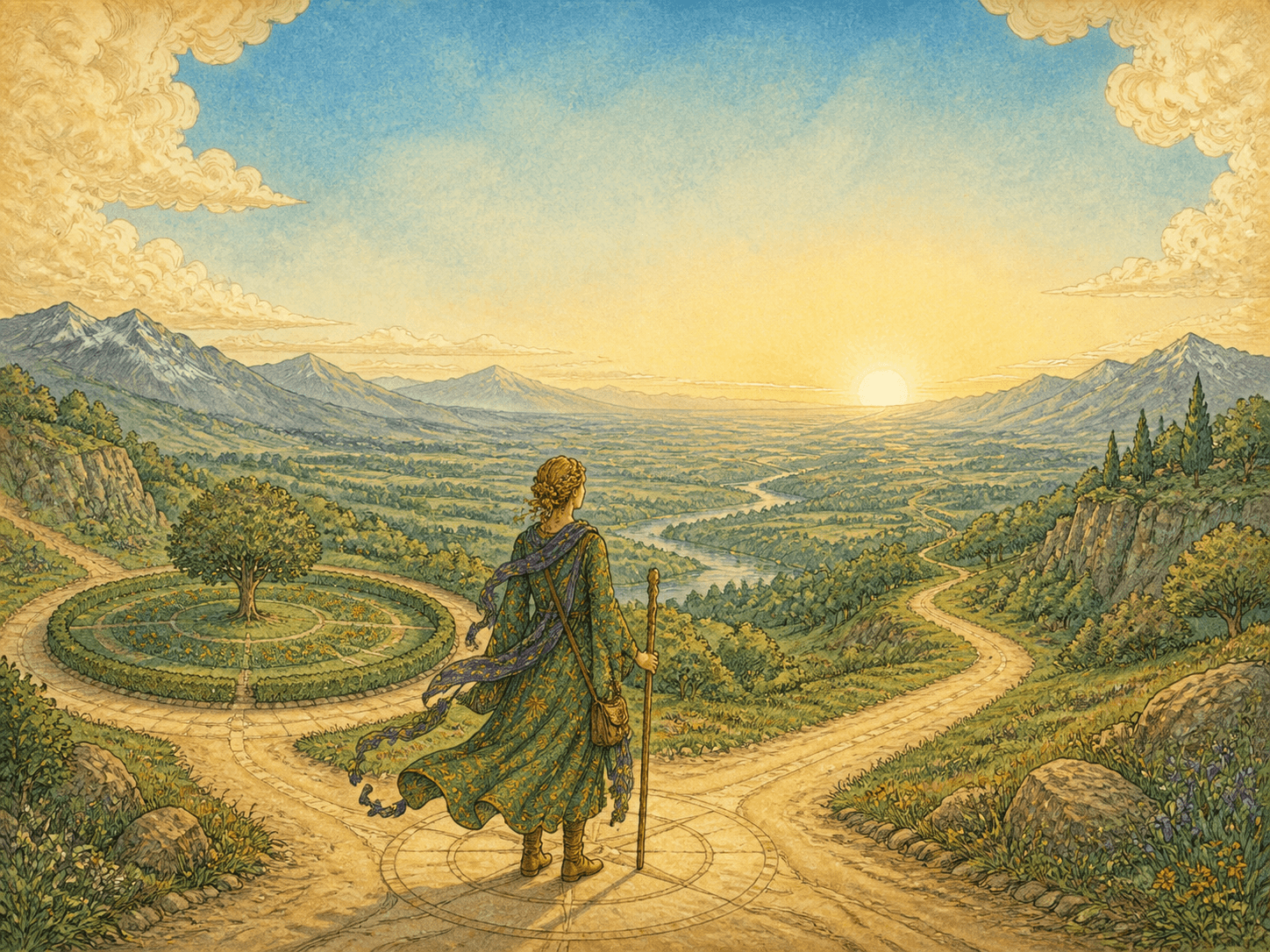 A traveler choosing between paths above a broad valley