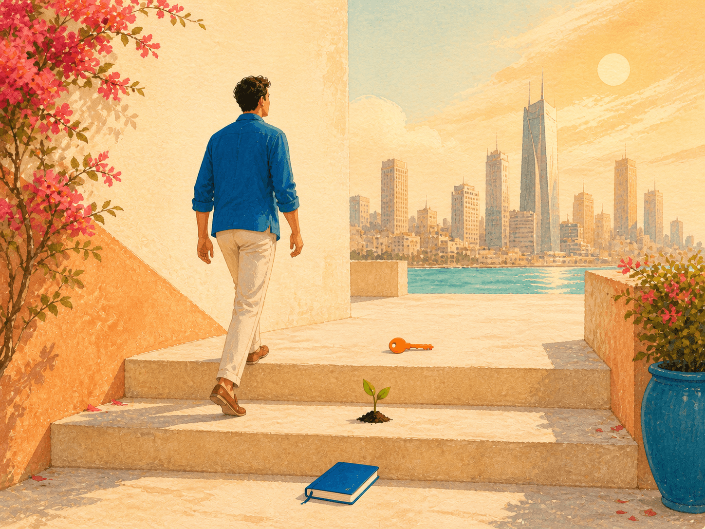 A person climbing three bright steps toward a modern skyline