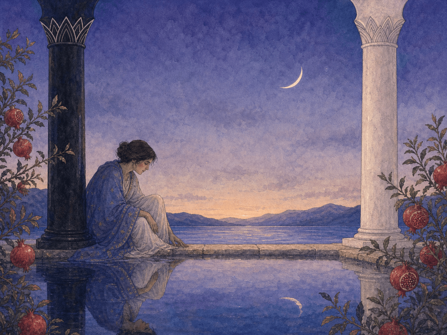A contemplative figure studying their reflection at blue hour