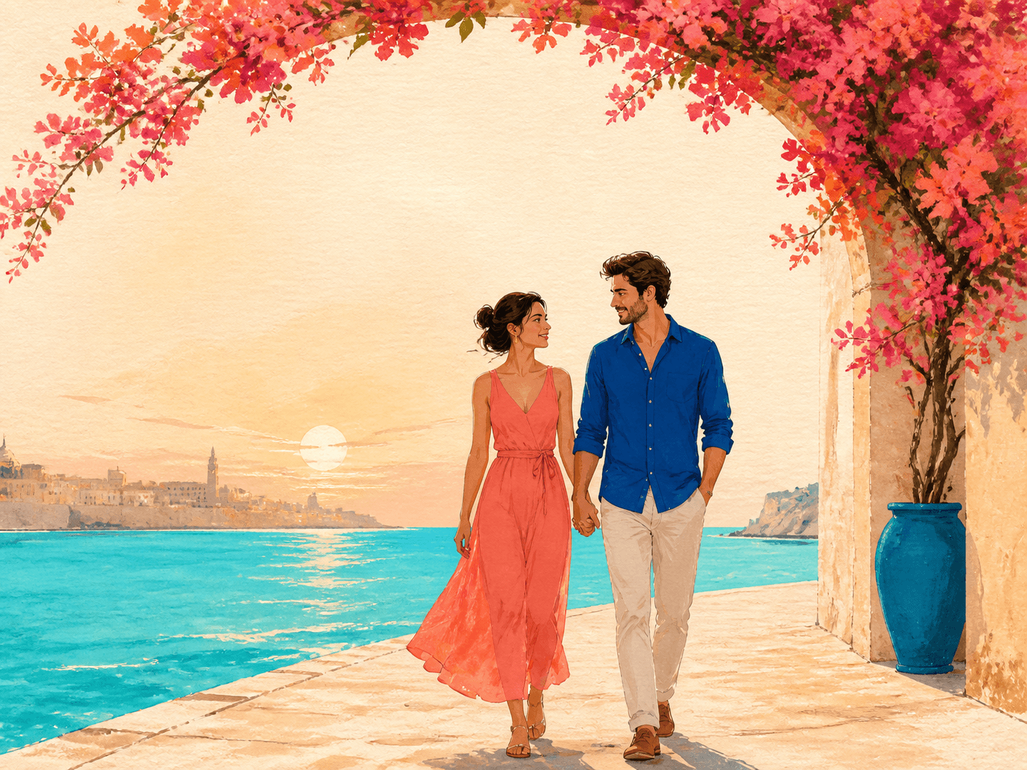 A couple holding hands beside a river at sunset
